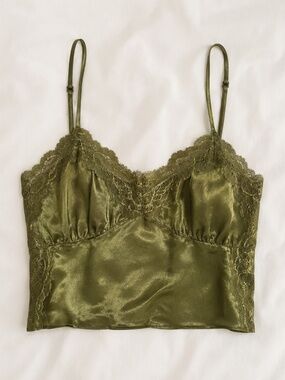 Beverly and Beck Olive Green Satin Lace Cami Crop Top Y2K Night Out